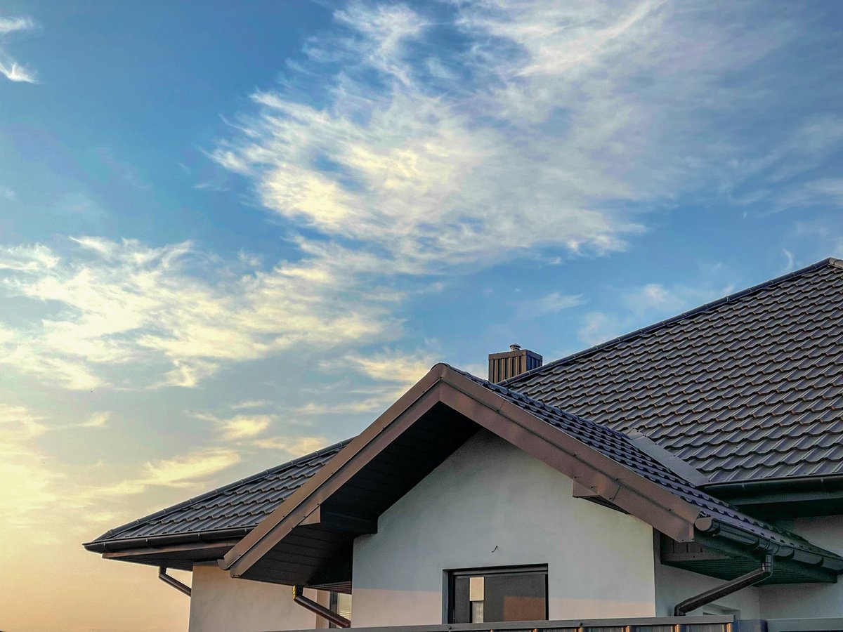 Low slope metal roof line against an evening sky